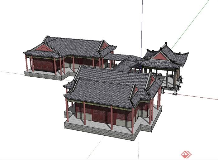 某古典中式风格单层古建筑、亭、长廊设计su模型(2)
