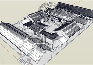 中式经典四合院建筑设计SU(草图大师)模型（白模）