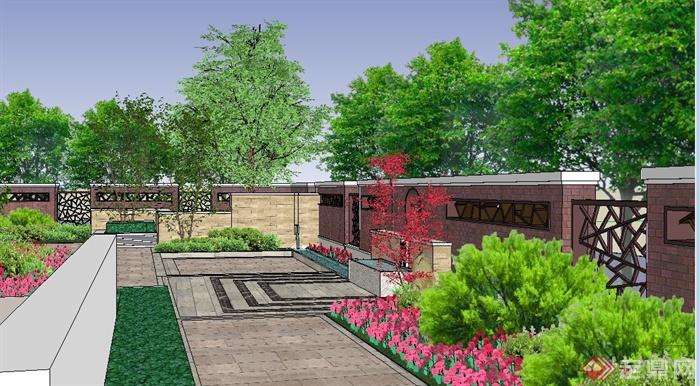 中式别墅庭院花园景观设计su模型(1)