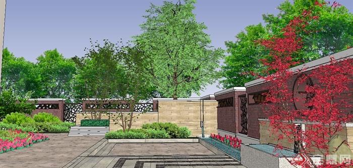 中式别墅庭院花园景观设计su模型(2)