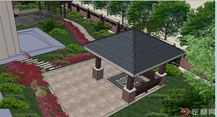 中式别墅庭院花园景观设计su模型(3)