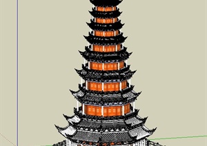 中式八角塔楼设计SU(草图大师)模型