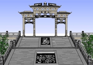 中式风格文化公园局部景观SU(草图大师)模型