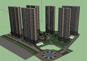 现代高层住宅小区建筑楼及景观设计SU(草图大师)模型