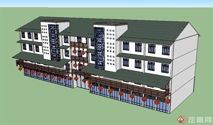 新中式四层商住楼建筑su模型(2)