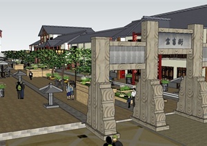 某现代中式风格宝吉寺风情街建筑设计SU(草图大师)模型