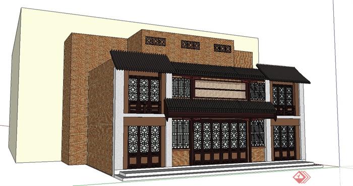 某现代中式风格酒楼门头门面建筑设计SU模型(1)