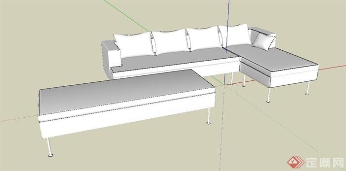 简约转角沙发及沙发凳su模型(1)