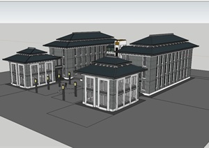 新中式风格带连廊的办公楼建筑设计SU(草图大师)模型
