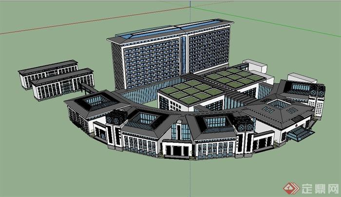 现代中式风格独特医疗建筑设计su模型(1)
