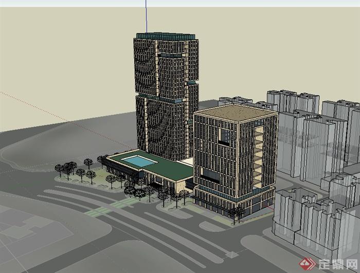 现代风格办公楼总部建筑楼设计su模型(2)