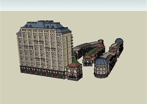法式办公楼、商业街区建筑楼设计SU(草图大师)模型