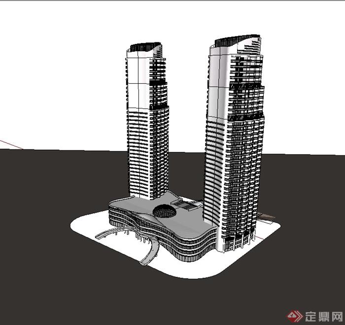 现代风格高层双塔办公楼设计su模型(3)