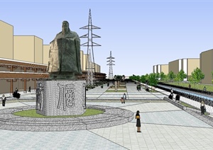 某现代中式风格条形广场景观规划设计SU(草图大师)模型