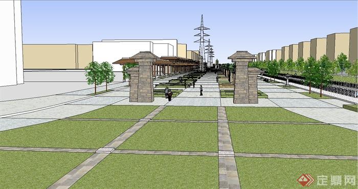 某现代中式风格条形广场景观规划设计SU模型(3)