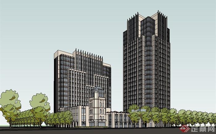 简约新古典高层办公楼建筑设计su模型(1)
