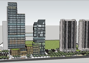 现代风格公寓、办公综合体建筑设计SU(草图大师)模型
