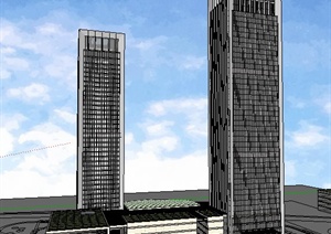 简约高层双塔状办公楼建筑设计SU(草图大师)模型