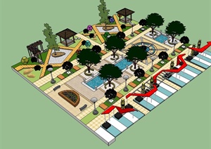 现代风格详细小型广场景观设计SU(草图大师)模型