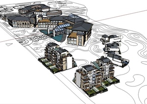 新中式别墅、商业楼及联体公寓建筑楼设计SU(草图大师)模型