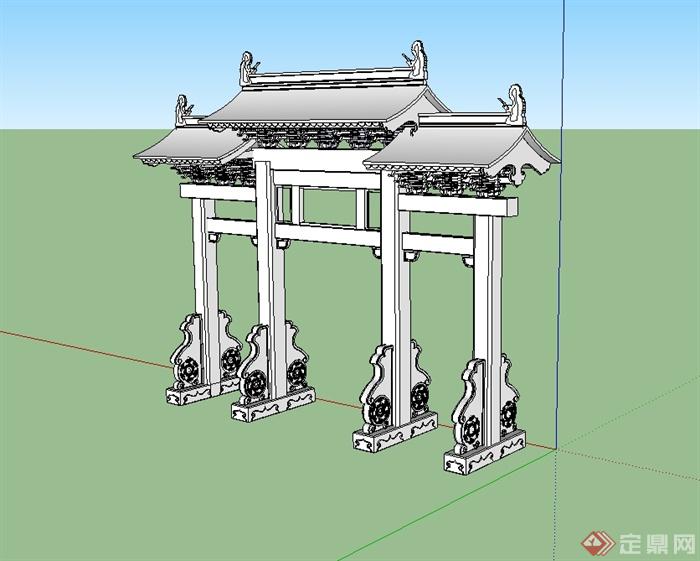 某公园古典中式风格牌坊门设计su模型(1)