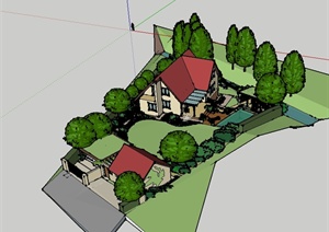 某欧式风格独栋别墅建筑楼及庭院设计SU(草图大师)模型