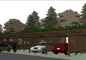 某现代风格木质停车场廊架设计SU(草图大师)模型