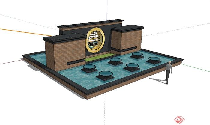 现代风格砖砌景墙水池设计su模型(1)
