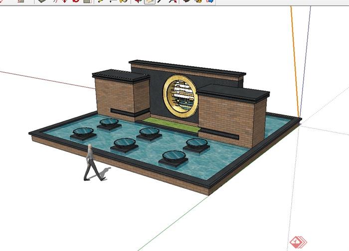 现代风格砖砌景墙水池设计su模型(2)