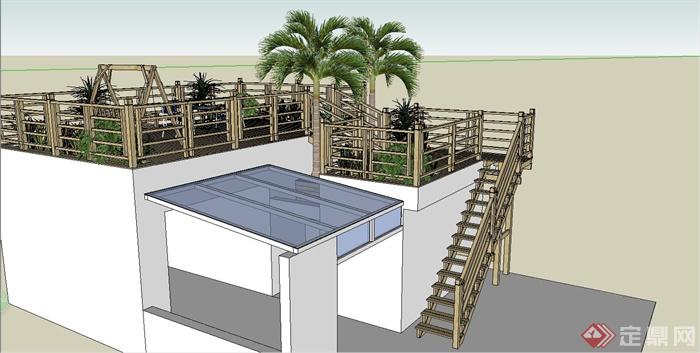某东南亚风格别墅木质屋顶木质楼梯设计SU模型(2)