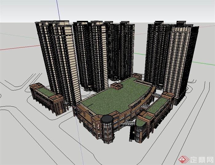 某现代风格商业楼及小区住宅楼设计su模型(3)