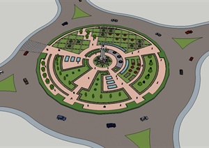 某现代风格圆形环岛十字交叉路口景观规划设计SU(草图大师)模型