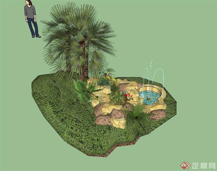 现代风格自然石喷泉水池设计su模型(3)