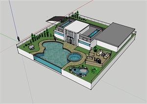 现代风格别墅建筑及庭院设计SU(草图大师)模型