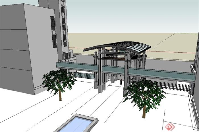 现代风格商住小区大门设计su模型(3)