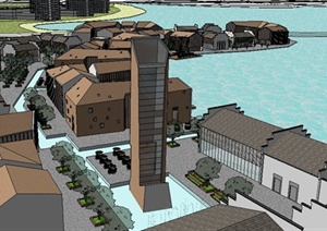 现代滨水商业街建筑概念设计SU(草图大师)模型