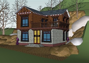 某中式藏族风格独栋别墅建筑设计SU(草图大师)模型