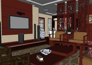 某现代中式风格客厅厨房室内装饰设计SU(草图大师)模型