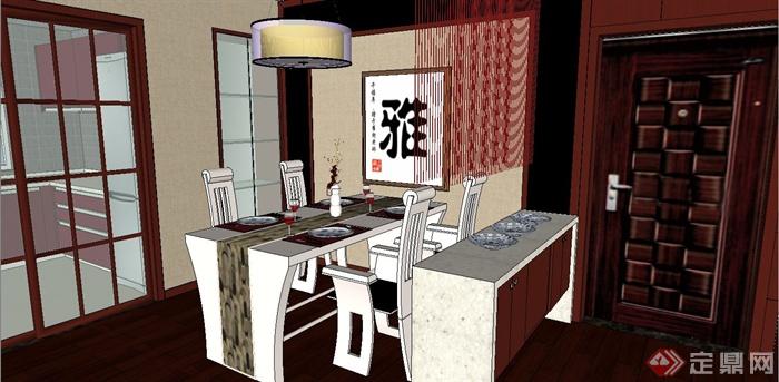 某现代中式风格客厅厨房室内装饰设计SU模型(2)
