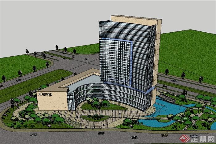 某现代风格办公大厦楼建筑及景观设计su模型(1)