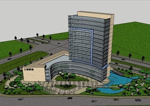 某现代风格办公大厦楼建筑及景观设计SU(草图大师)模型