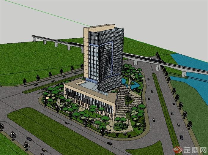 某现代风格办公大厦楼建筑及景观设计su模型(2)