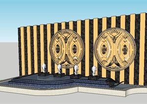 现代喷泉水池及景墙设计SU(草图大师)模型