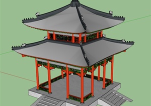 古典中式风格详细四角双层亭设计SU(草图大师)模型