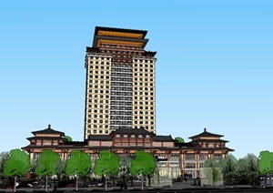 汉唐风格高层酒店建筑设计SU(草图大师)精品模型