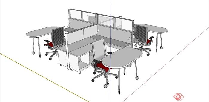 现代十字拼接办公桌设计SU模型(2)