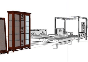 中式风格衣柜、边柜、床等素材SU(草图大师)模型