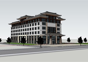 现代中式汉唐风格宾馆建筑设计SU(草图大师)模型