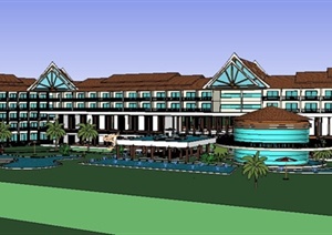 东南亚风格五星级度假酒店建筑设计SU(草图大师)模型
