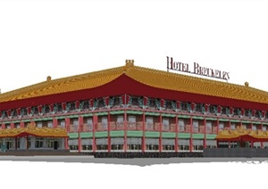 古典中式三层酒店建筑设计SU(草图大师)模型